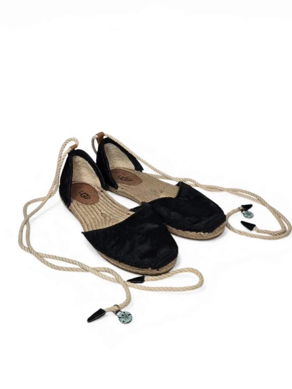 UGG‎ Libbi Calf Hair Espadrille Sandals Women Black Spanish Ankle Wrap Summer 7